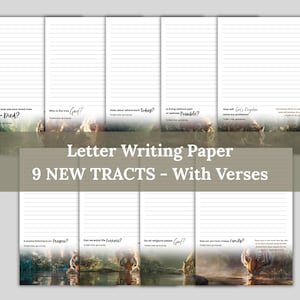 May include: Letter writing paper with lined pages and nature-themed borders. The paper includes nine new tracts with verses and questions like "Will you ever see your loved ones who have Died?" and "Who is the true God?"