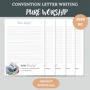 Papel imprimible de Adoración Pura para la Convención de los TJ 2025: Papel para escribir cartas con montañas florales. Estás invitado. Dos tamaños: con y sin rayas.