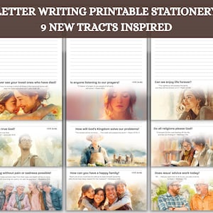 Könnte beinhalten: Druckbare Briefpapier mit neun Traktaten zu inspirierenden Themen. Jeder Trakt enthält eine Frage und eine Aquarellillustration. Oben auf dem Briefpapier steht "LETTER WRITING PRINTABLE STATIONERY" und "9 NEW TRACTS INSPIRED".
