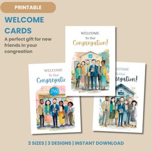 Op de afbeelding: Printbare welkomstkaarten met drie ontwerpen. Elke kaart bevat een aquarelillustratie van een groep mensen voor een gebouw. De tekst op de kaarten luidt "Welkom bij onze gemeente!"