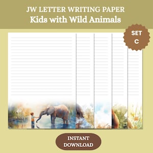 Papel para escrever cartas JW para impressão – Paraíso para crianças com animais – Conjunto C – Escrita de cartas JW – Com e sem linhas – A4 e carta dos EUA