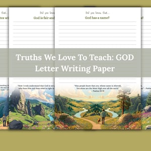 以下が含まれることがあります： 罫線付きの便箋で、見出し「Did you know that... God has a name?」と、山、木々、川のある谷の小道を歩く人と犬のカラフルな風景イラストが描かれています。