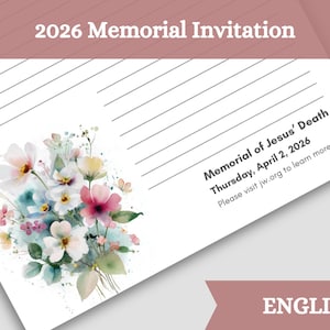 Peut inclure: Une invitation blanche avec le texte "2026 Memorial Invitation" et "Memorial of Jesus' Death, Thursday, April 2, 2026." Un bouquet floral à l'aquarelle aux accents roses, blancs et bleus orne l'invitation. Le mot "ENGLISH" est également présent.