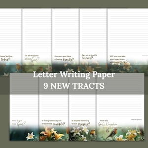 May include: Letter writing paper with nine new tracts. Each page has lined writing space and a nature-themed border with birds and flowers. The paper includes questions like "Does Jesus' advice work today?" and "How will God's Kingdom solve our problems?"