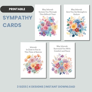 May include: Printable sympathy cards with floral designs and religious messages. The cards feature phrases like "May Jehovah Sustain You" and "May Jehovah Give You Strength." The image shows four card designs with colourful watercolour flower arrangements.