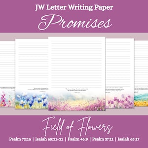 Papel imprimible para escribir cartas de los Testigos de Jehová / 5 diseños de versículos bíblicos / Diseño de campo de flores / Promesas de Dios / PDF con y sin líneas / A4 + Carta EE. UU.