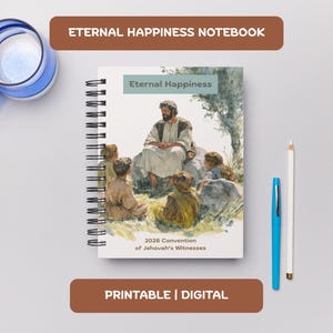 May include: Spiral-bound notebook with the title "Eternal Happiness" and an illustration of a religious scene. A blue and white mug, a blue pen, and a white pencil are also visible.