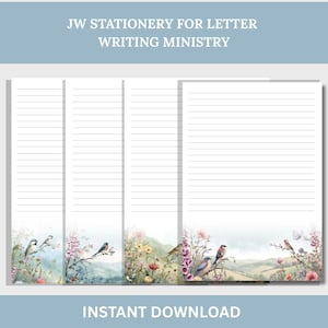 Può includere: Set di cancelleria con pagine a righe. La parte inferiore delle pagine presenta un'illustrazione ad acquerello di uccelli appollaiati su rami con fiori e uno sfondo paesaggistico. Il testo in alto recita "JW STATIONERY FOR LETTER WRITING MINISTRY" e "INSTANT DOWNLOAD" in basso.