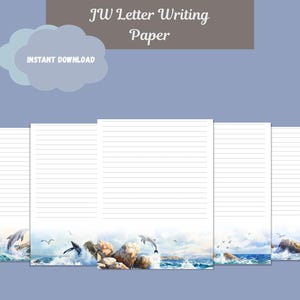 Papel para escribir cartas JW: 5 diseños de olas del océano con delfines, gaviotas y ballenas / Papelería imprimible / Tamaños A4 y carta (con y sin rayas)