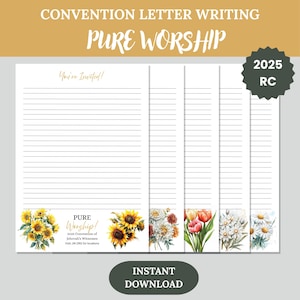 Adoración Pura 2025 Convención TJ Imprimible – Papel para escribir cartas con ramo de flores – Papelería "Estás Invitado" / Versiones rayadas y lisas