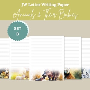 Papel para escrever cartas imprimíveis JW – Animais com seus bebês – Conjunto B – Escrita de cartas JW – Com e sem linhas – A4 e carta dos EUA