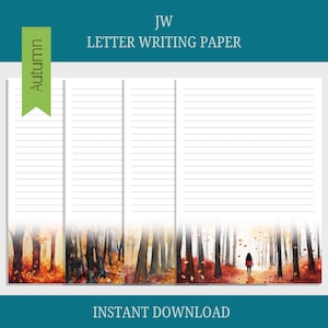 Papel para escrever cartas JW - Design de outono - Papelaria para impressão - 4 designs aconchegantes de outono - A4 e US Letter com e sem linhas em PDF