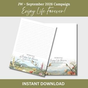 May include: Two sheets of stationery featuring horizontal lines and a landscape illustration of birds, flowers, and mountains at the bottom. The text reads: JW - September 2026 Campaign, Enjoy Life Forever!, FREE BIBLE STUDY, and Please visit JW.ORG.