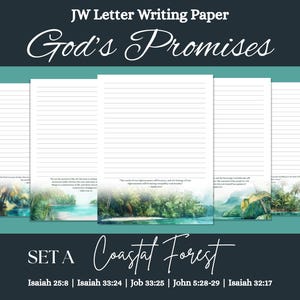 Papel para escribir cartas de los Testigos de Jehová – Colección Bosque Costero A / 5 diseños de versículos bíblicos imprimibles / Tamaños A4 y Carta EE. UU. / Promesas de Dios / Con y sin rayas