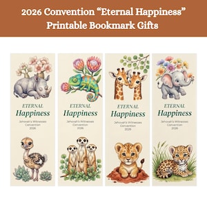 Op de afbeelding: Vier verticale bladwijzers met illustraties van dieren, waaronder een neushoorn, kameleon, giraffen, olifant, struisvogel, stokstaartjes, leeuwenwelp en luipaardwelp. Elke bladwijzer bevat de tekst Eternal Happiness Jehovah's Witnesses Convention 2026.