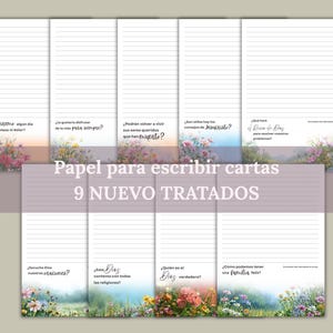 Könnte beinhalten: Ein Satz von neun linierten Papierbögen mit floralen Aquarelldesigns am unteren Rand. Der Text "Papel para escribir cartas 9 NUEVO TRATADOS" ist in der Mitte aufgedruckt. Jedes Blatt hat eine andere Frage auf Spanisch.