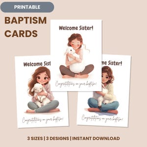 Biglietto di auguri per il battesimo JW stampabile per sorelle – Giovane donna con agnello / 3 dimensioni, 3 design / Download immediato / Biglietto di auguri per il battesimo JW