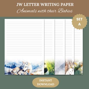 Papel para escrever cartas imprimíveis JW – Animais com seus bebês – Conjunto A – Escrita de cartas JW – Com e sem linhas – A4 e carta dos EUA