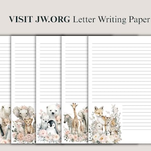 以下が含まれることがあります： 動物のイラストが描かれた罫線入りの便箋。各ページには、ペンギン、ホッキョクグマ、ライオン、キリンなどの動物の水彩イラストが描かれており、ピンクの花柄がアクセントになっています。「VISIT JW.ORG」の文字が上部にあります。