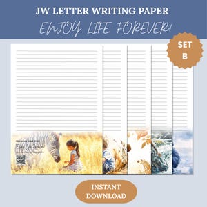 Papel para escribir cartas de los Testigos de Jehová - Invitación para estudio bíblico "Disfruta la vida para siempre" - Set B: Niños jugando con animales - PDF imprimible - 5 diseños