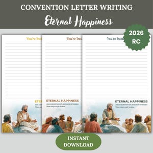 May include: Convention letter writing stationery with the text "Eternal Happiness." The design includes lined paper with a watercolor illustration of a religious scene. The words "Instant Download" are at the bottom.
