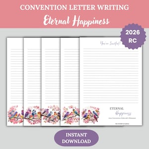 Op de afbeelding: Set van gelijnde briefpapier vellen met een bloemen- en vogelontwerp. De tekst "Eternal Happiness" en "2026 RC" zijn zichtbaar. De woorden "Convention Letter Writing" en "Instant Download" zijn ook aanwezig.