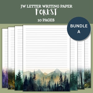 Carta da lettere JW – Stampabile con acquerello foresta – A4 e formato USA – Pacchetto di cancelleria ministeriale da 10 pagine – PDF a righe e senza righe