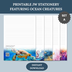Papelaria para impressão de cartas JW – Conjunto A de criaturas do oceano | Aproveite a vida para sempre | A4 e carta americana | Com e sem pauta