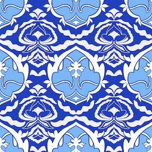 May include: A seamless pattern featuring a repeating design in shades of blue and white. The pattern includes stylized floral and geometric shapes, creating a symmetrical and ornate visual effect. The design is suitable for various applications, such as fabric or wallpaper.