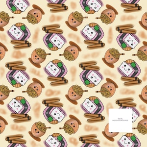 Kawaii Food Seamless Pattern, Cute Sushi Ramen Digital Paper, Japanese Noodle Clipart Background for Kids Crafts & Sublimation
