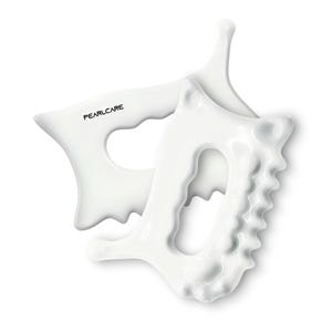 May include: Two white facial massage tools. One tool has the text "PEARLCARE" printed on it. The tools have curved edges and ergonomic handles. The tools are designed for skincare and facial massage.