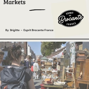 Può includere: Immagine di una guida intitolata "Guide for Treasure Hunters: Normandy & Northern Flea Markets" con il logo Esprit Brocante France. L'immagine mostra un vivace mercato delle pulci con vari oggetti d'antiquariato e da collezione.