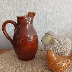 Vintage handmade glazed stoneware jug, stamped Berry stoneware water jug, rustic brown country pitcher, antique French pitcher