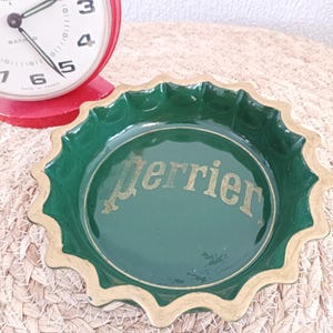 vintage Perrier water advertising ashtray, old Perrier advertising pocket emptier, green ceramic, vintage French bistro, 60s-70s