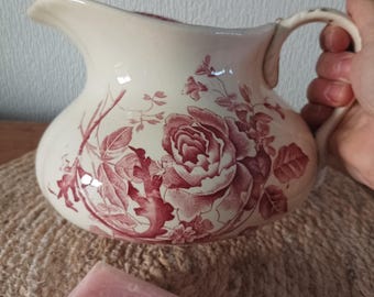 Antique pot-bellied ironstone earthenware jug, plump toilet pitcher, pink ironstone transferware pot, antique 19th century bathroom pitcher