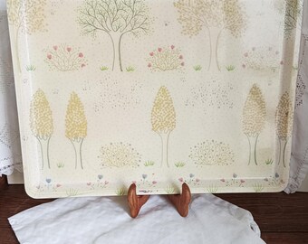 Grote vintage glasvezel dienblad met een boom- en bloemenmotief, glasvezel dienblad uit het midden van de vorige eeuw, Scandinavische decoratie, pastelkleurige moderne decoratie