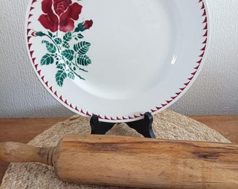 St. Amand ironstone dish, Roses pattern; antique round serving dish from St. Amand; antique French earthenware dish