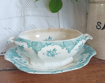 Salsera de loza, diseño inglés, salsera victoriana de loza con decoración transferida, decoración cottagecore, antigua salsera de Francia.