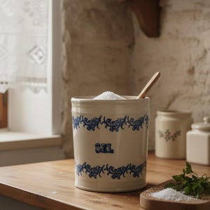 Peut inclure: Un pot à sel en céramique crème avec un motif floral bleu et le mot « SEL ». Le pot est rempli de sel et contient une cuillère en bois. Une planche en bois avec du sel et du persil est au premier plan.