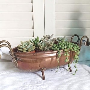 Peut inclure: Une jardinière ovale en cuivre dotée de trois pieds et de deux anses incurvées avec des accents en céramique blanche et bleue. La jardinière contient plusieurs petites plantes succulentes vertes et une plante retombante.