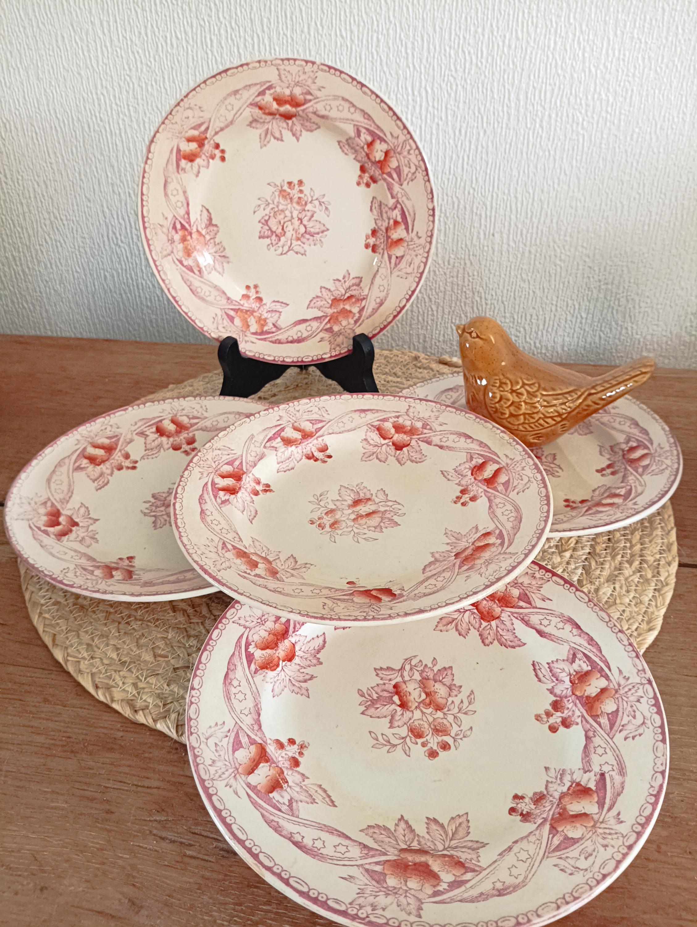 Boch Freres Keramis Pink Roses Dessert Plates - set of 5 dessert plates in pink ironstone Ribbon B.F.K - Vintage tableware with pink earthenware BFK