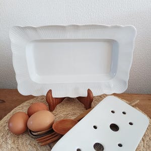 Antique Pillivuyt asparagus dish, white porcelain serving dish, Pillivuyt French draining dish, white porcelain oven dish