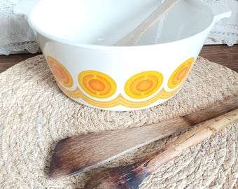Vintage Pyroflam toastovenschaal, Pyroflam schaal met jaren 70 decor, kookgerei in mid-century modern stijl, Nederlands design, keramisch glas, 2,5 liter, Nederland