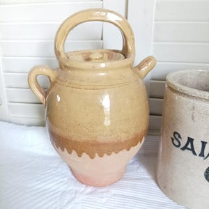 Antik glaserad vattenkanna i stengods med lock, vintage vattenkanna i fransk keramik, vattenkanna i terrakotta, rustikt bondgårdsstil