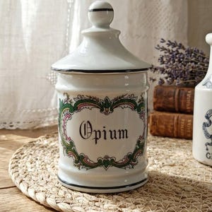 Può includere: Un barattolo da farmacia in ceramica bianca con coperchio, con la scritta "Opium" in un'elegante grafia all'interno di un bordo decorativo verde e rosa. Il barattolo ha un bordo nero e una piccola maniglia rotonda in cima.