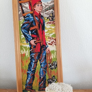 Framed canvas with boy and countryside, vintage mountain and nature embroidery, French landscape, vintage textile art, embroidery wall art
