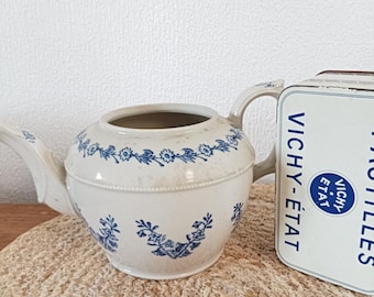 Tetera antigua de gres azul y blanco de Saint Uze, tetera francesa de gres de Saint Uze, tetera antigua azul con motivos florales, loza del siglo XIX