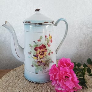 Vintage French Enamel Coffee Pot with Blue Floral Pattern - Retro Kitchen Decor - Enamel Coffee Pot and Pastel Pansy Flowers
