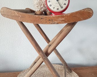 antique folding wooden stool, wooden fishing or camp stool, slatted deck stool, country chair, portable seating