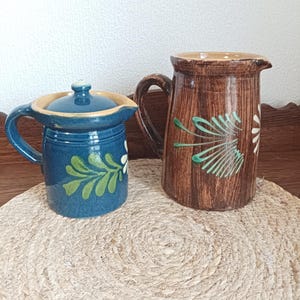 Pichet Carafe En Grès Artisanal - Vintage France - Déco Fleurs Beige - Anne Ehret ?